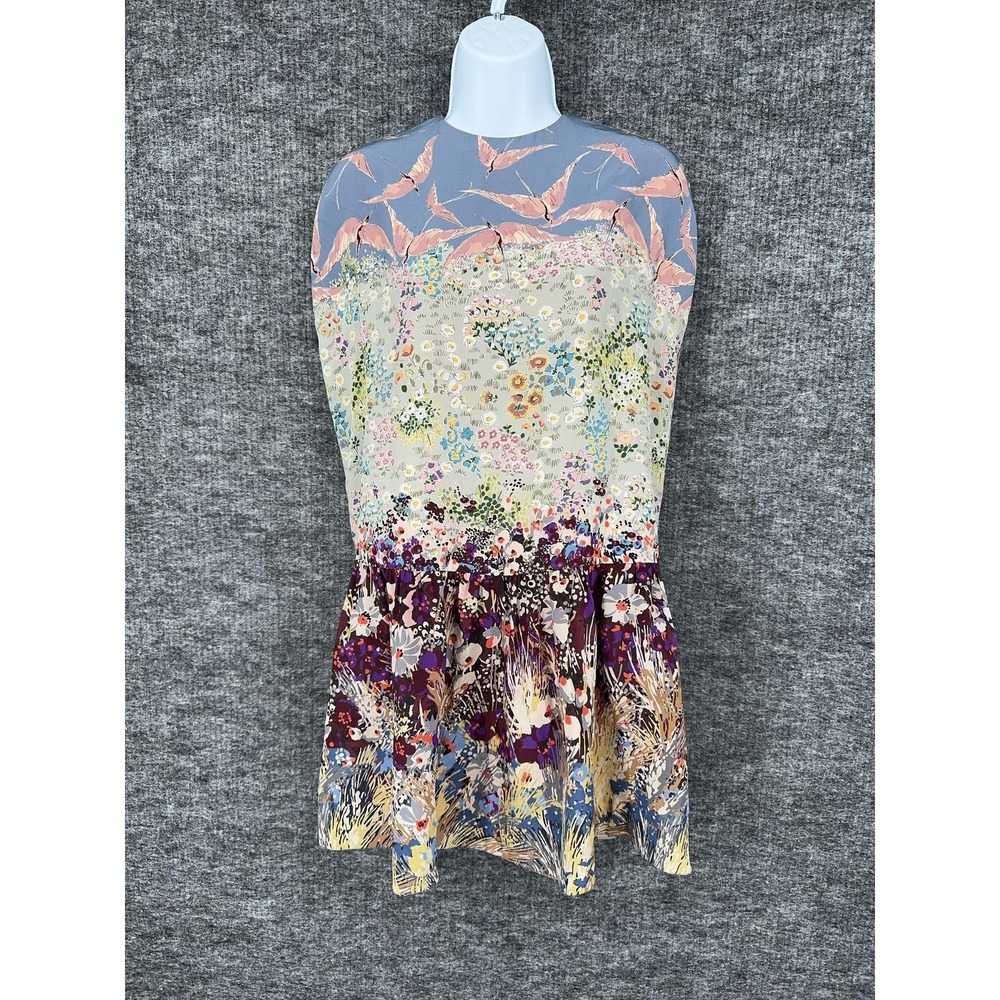 Valentino Dress Womens 40 Multicolor Floral Bird Print Silk Drop Waist Ruffle